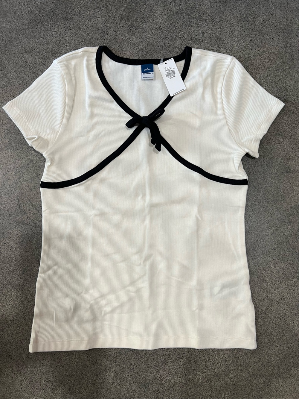 Old Navy White Short Sleeve Top with Black Trim and Front Tie